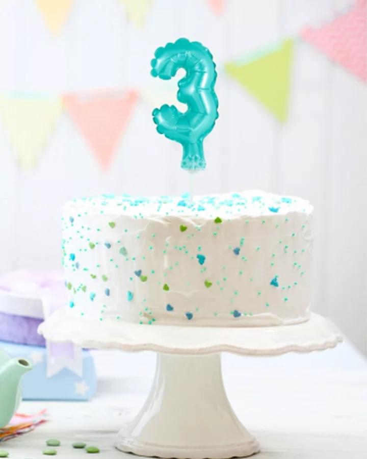 Balón číslo 3 zápich na dort - světle modrý balón s hůlkou, 13 cm 1/2