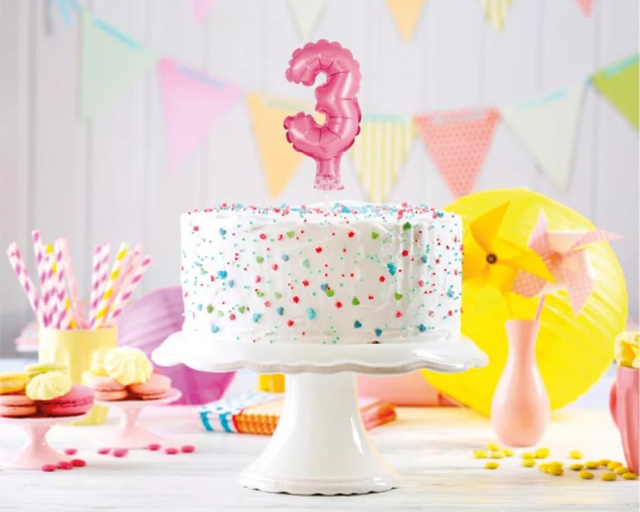 Balón číslo 3 zápich na dort - světle růžový balón s hůlkou, 13 cm 1/2