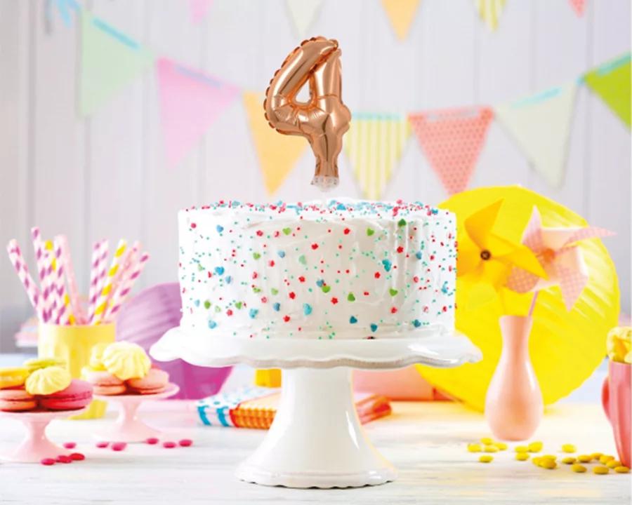 Balón číslo 4 zápich na dort - růžově zlatý balón s hůlkou, 13 cm 1/2