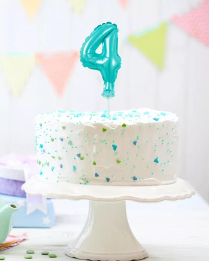 Balón číslo 4 zápich na dort - světle modrý balón s hůlkou, 13 cm 1/2