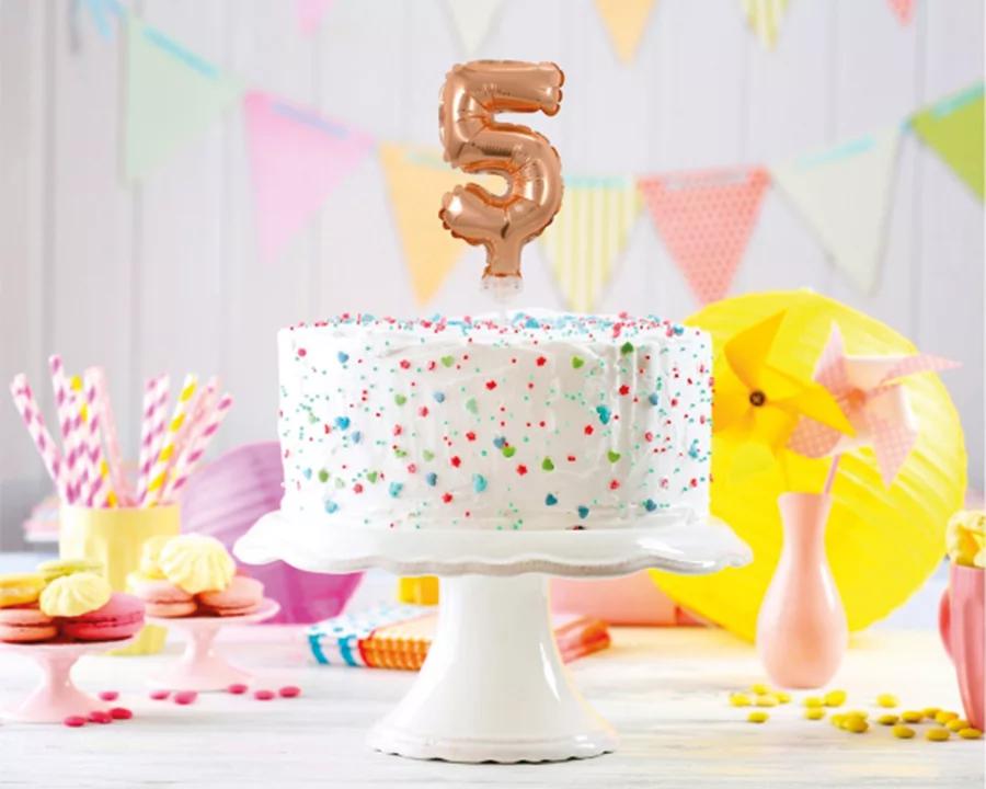 Balón číslo 5 zápich na dort - růžově zlatý balón s hůlkou, 13 cm 1/2