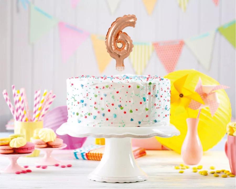 Balón číslo 6 zápich na dort - růžově zlatý balón s hůlkou, 13 cm 1/2