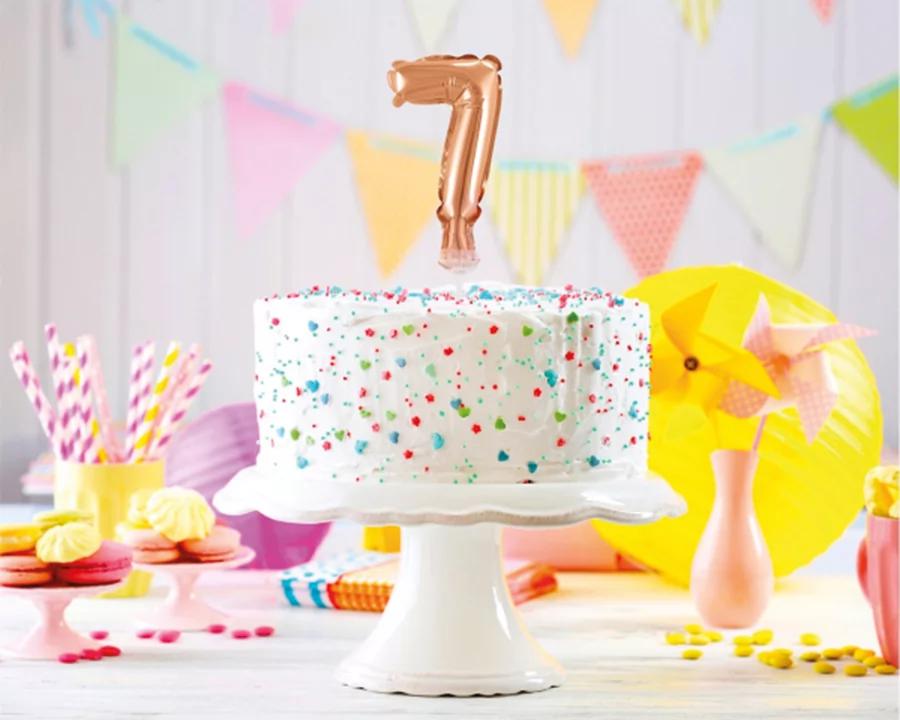 Balón číslo 7 zápich na dort - růžově zlatý balón s hůlkou, 13 cm 1/2