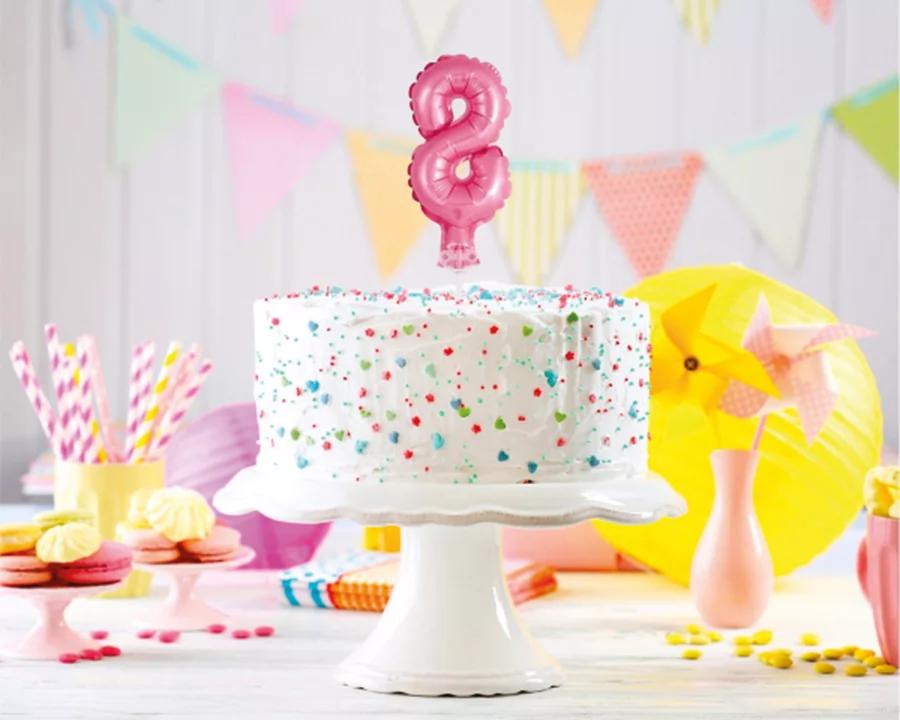 Balón číslo 8 zápich na dort - světle růžový balón s hůlkou, 13 cm 1/2