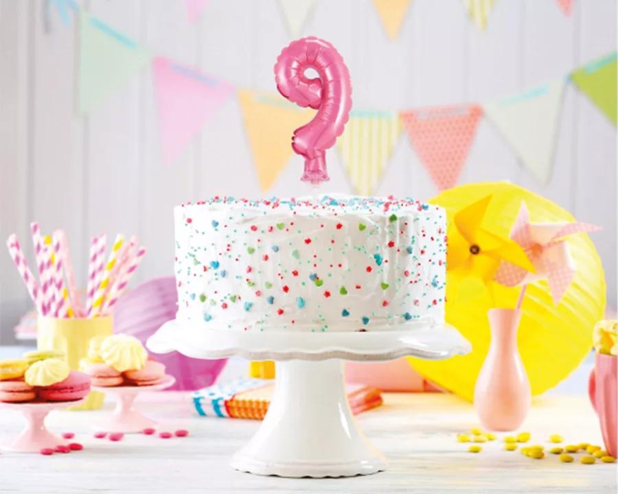 Balón číslo 9 zápich na dort - světle růžový balón s hůlkou, 13 cm 1/2