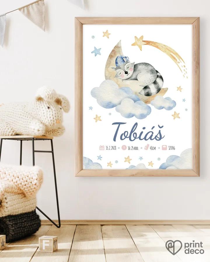 Dětský plakát s motivem spícího mývala na měsíci 1/2