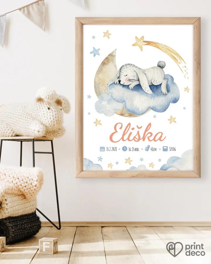 Dětský plakát s motivem spícího zajíčka na obláčku 1/2