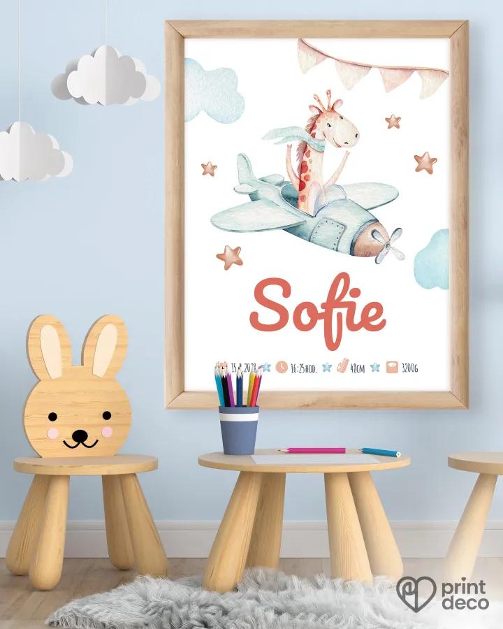 Dětský plakát s motivem žirafy pilota v letadle 1/2