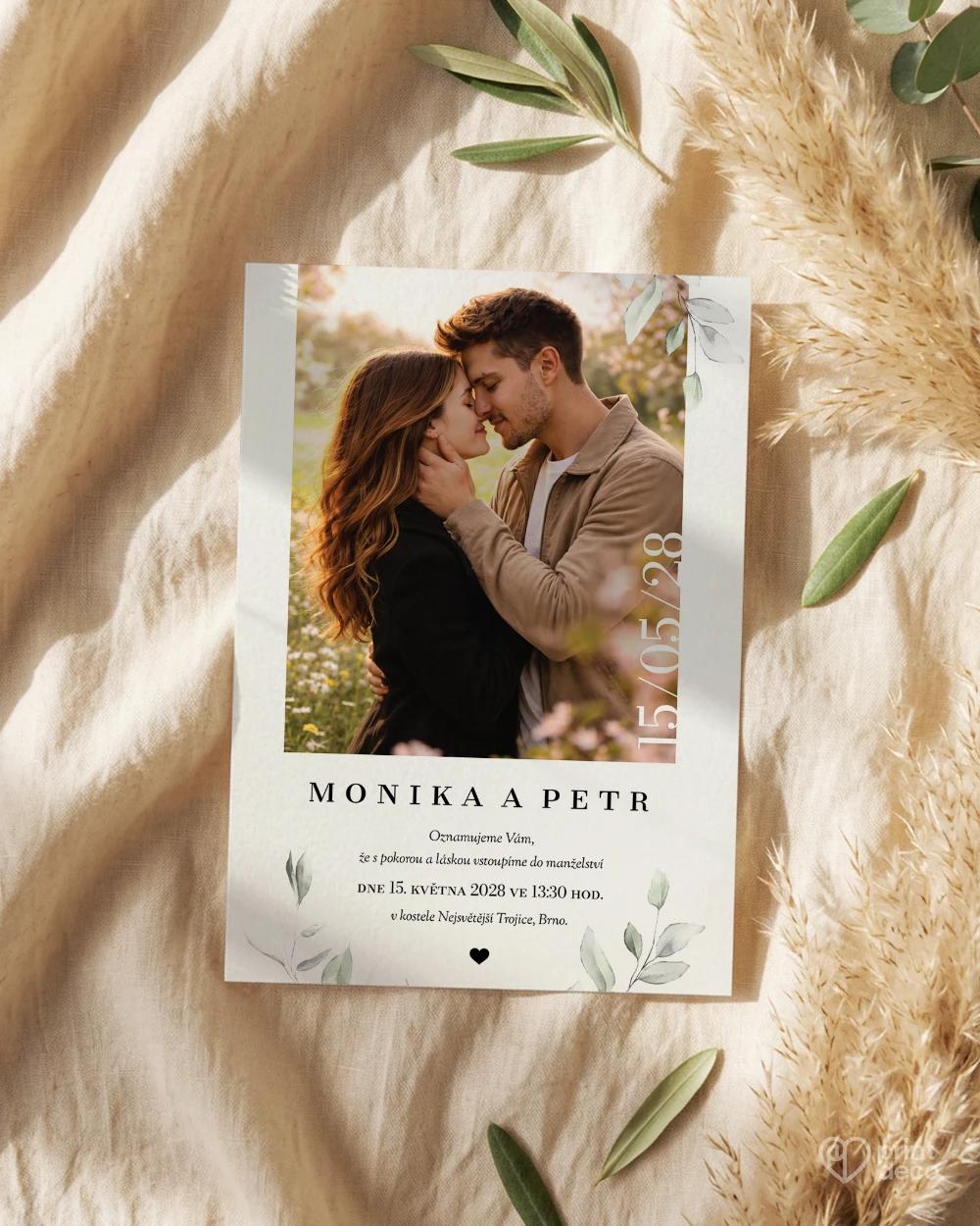 Svatební oznámení s fotografií – Zelená romance 1/2