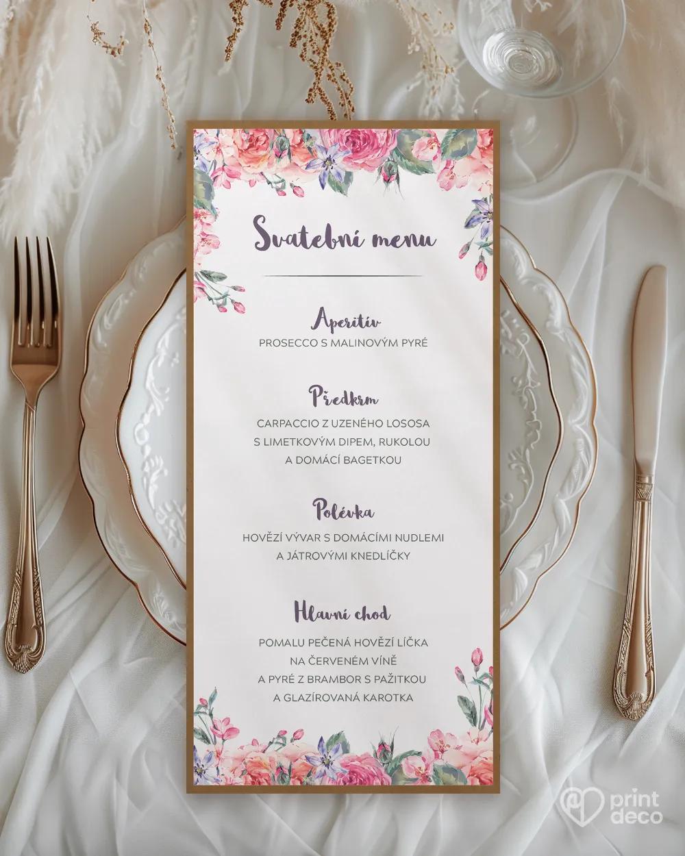 Svatební menu ve vintage stylu s růžemi