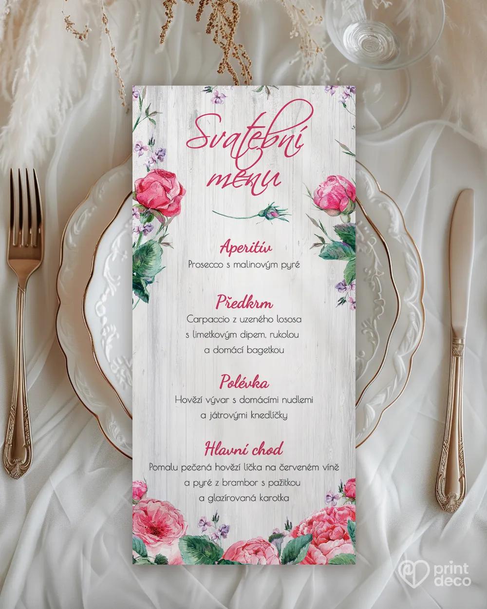 Svatební menu s růžemi a vintage prvky bez podkladu