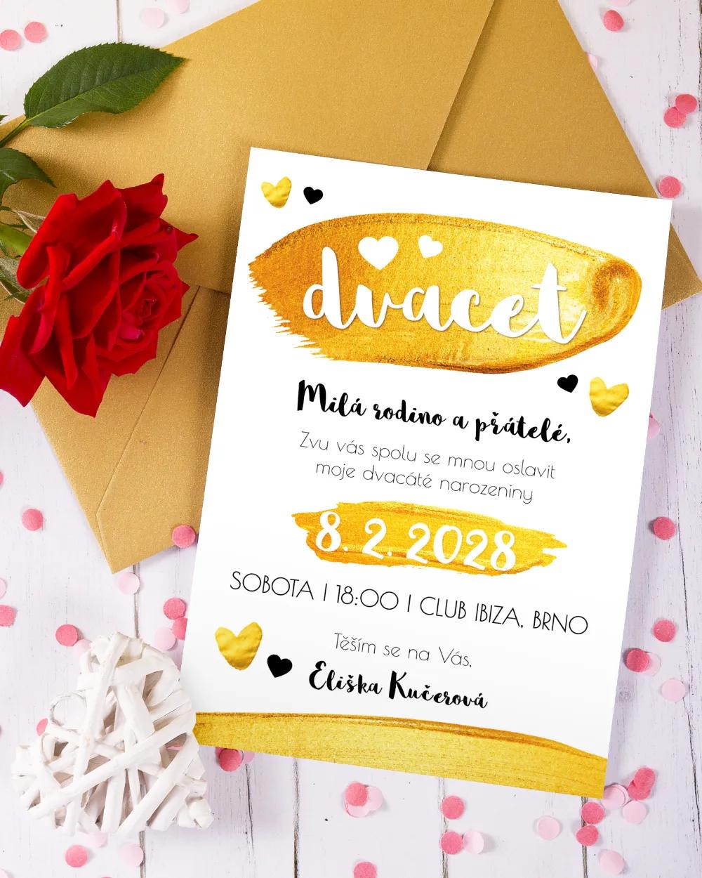 Moderní pozvánka na oslavu narozenin ve zlatém motivu