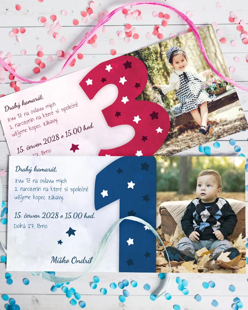 Pozvánka na dětskou oslavu - S vlastí fotkou modrá / ružová