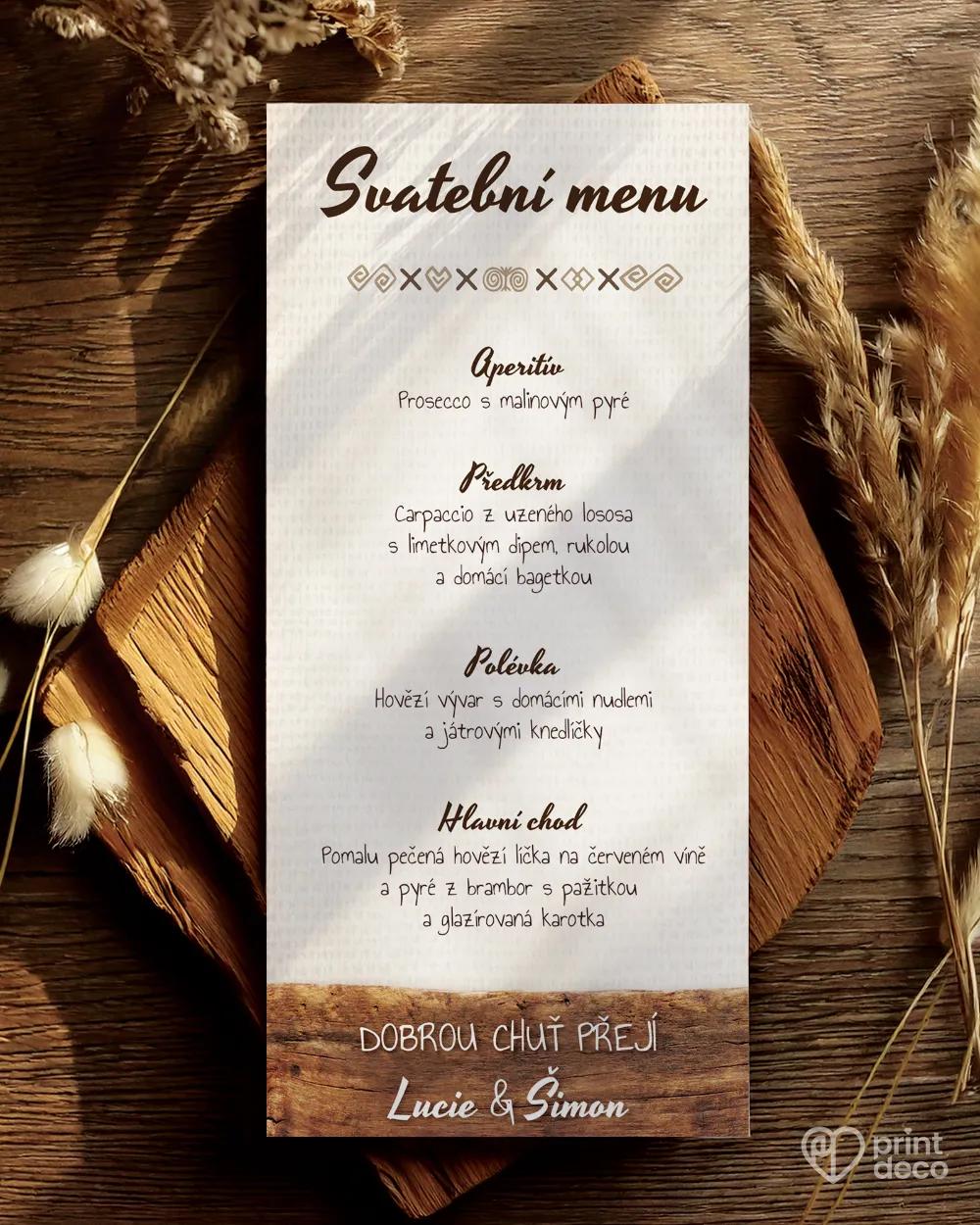 Svatební menu s lidovým dřevěným motivem II.
