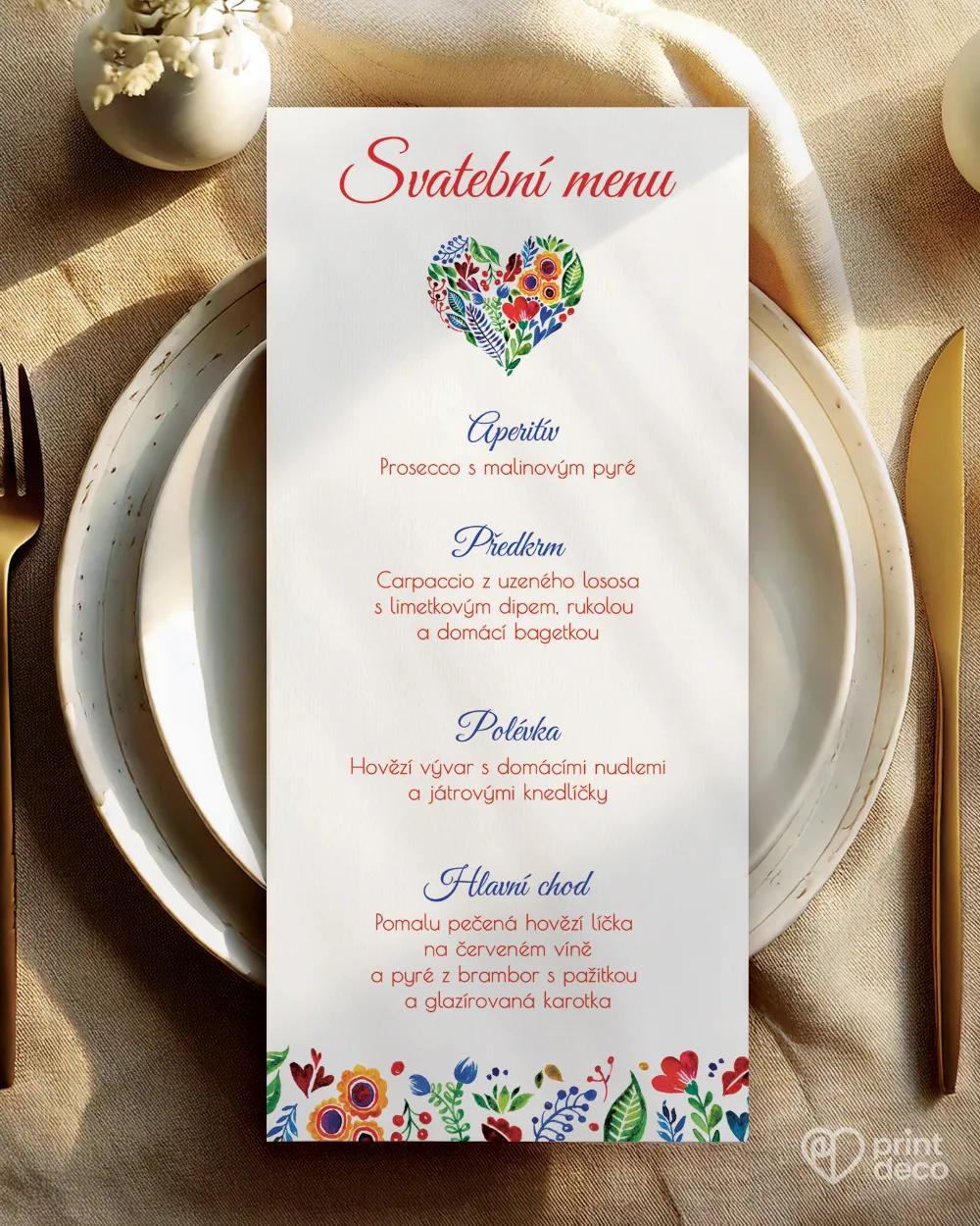 Svatební menu s lidovým dřevěným motivem III.