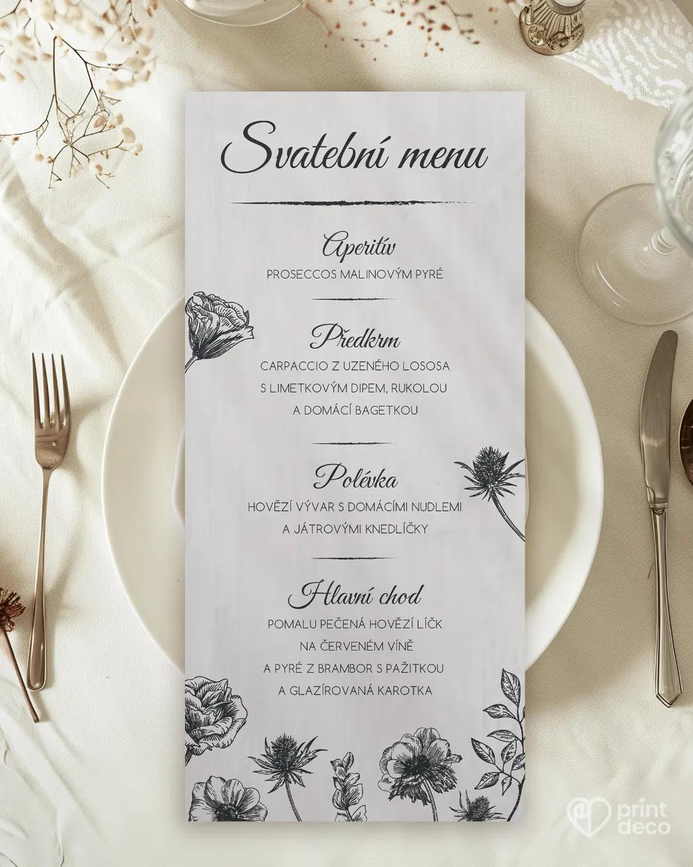 Svatební menu se světlým motivem luční květy