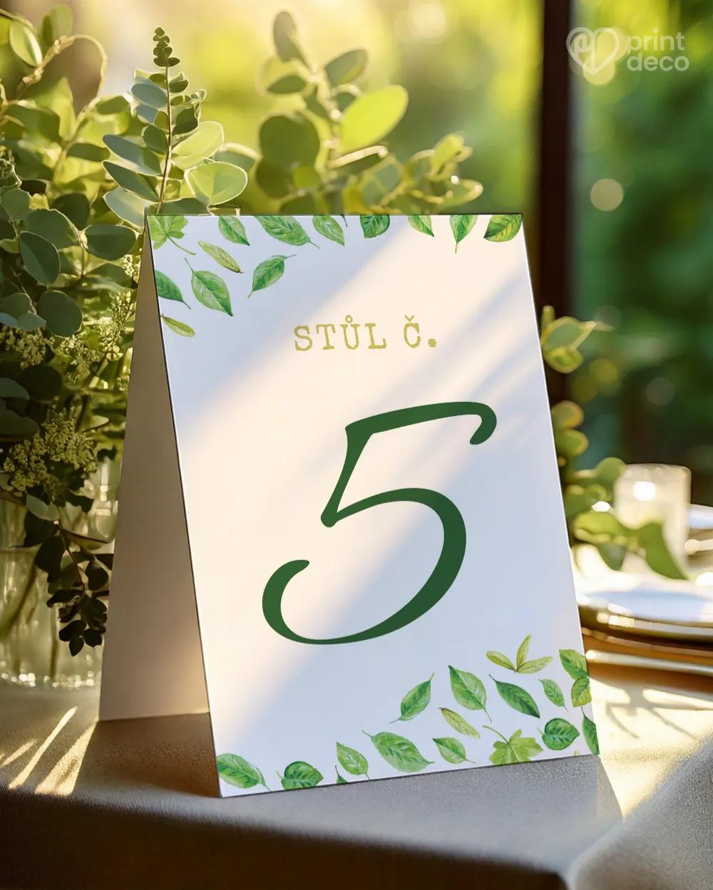 Svatební číslování stolů – Svěží listy I.