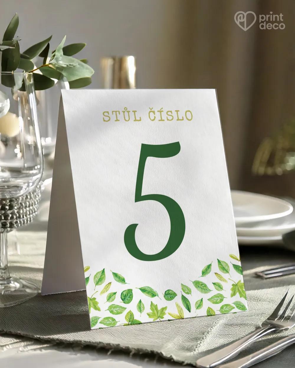 Svatební číslování stolů – Svěží listy II.