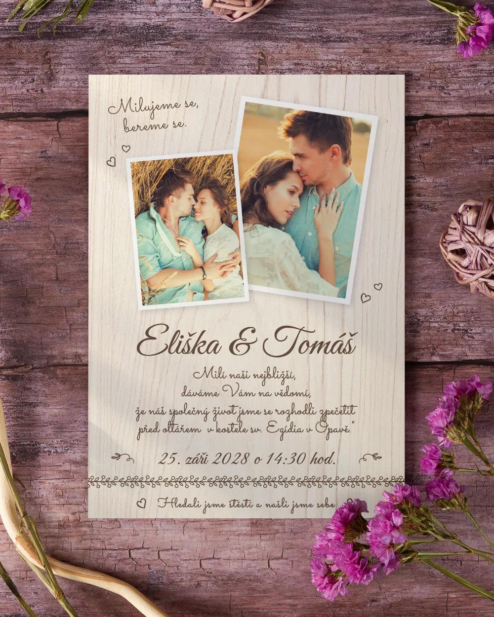Svatební oznámení s fotografií – Nežné chvíle světlé dřevo