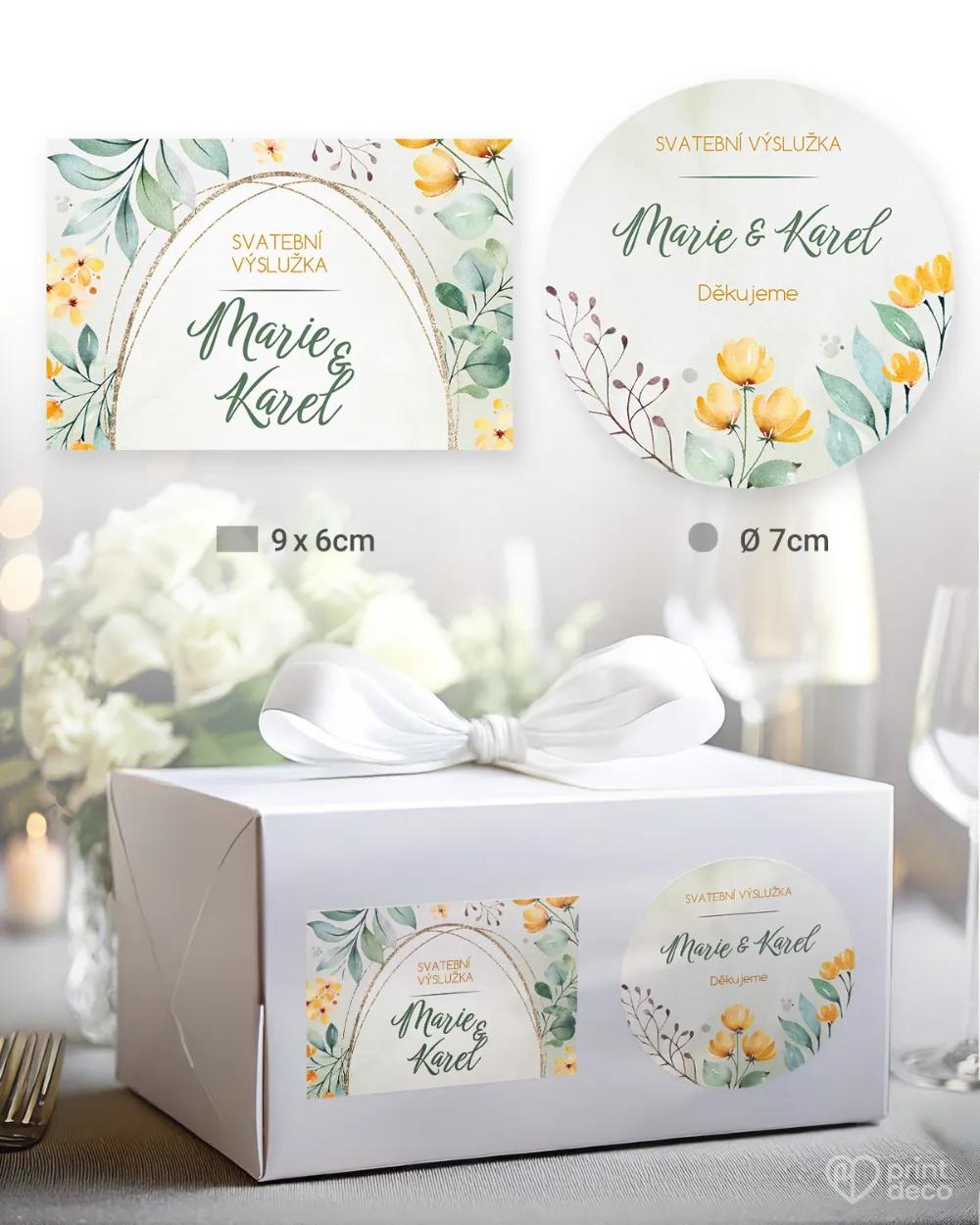 Svatební samolepky na výslužky žluté kvítky