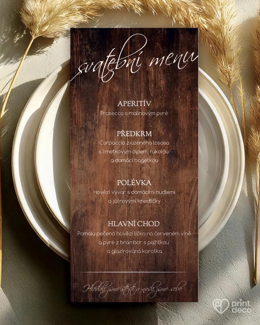 Svatební menu s motivem Dřevo (tmavě hnědé)