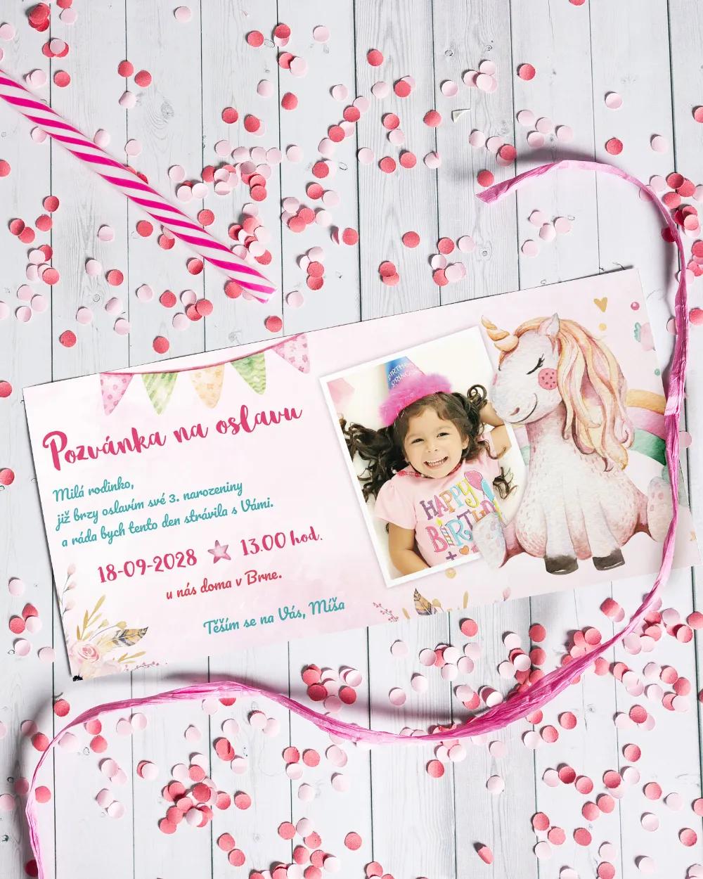 Pozvánka na detskú oslavu - Jednorožec s fotkou