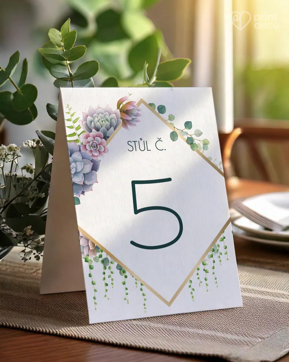 Svatební číslování stolů – Sukulenty