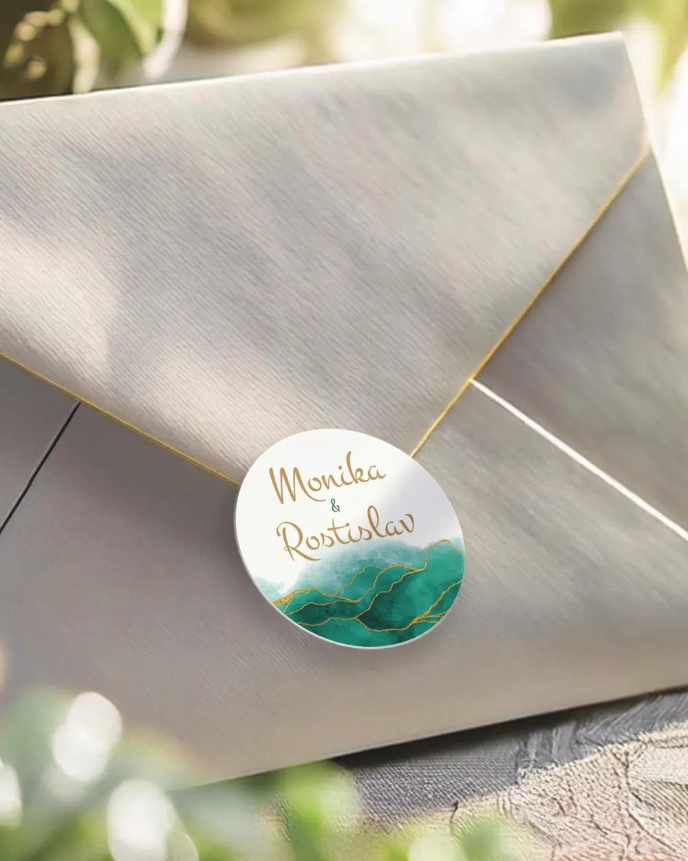 Svatební mini nálepky na obálky a dárky – Abstrakt IV. Smaragdová