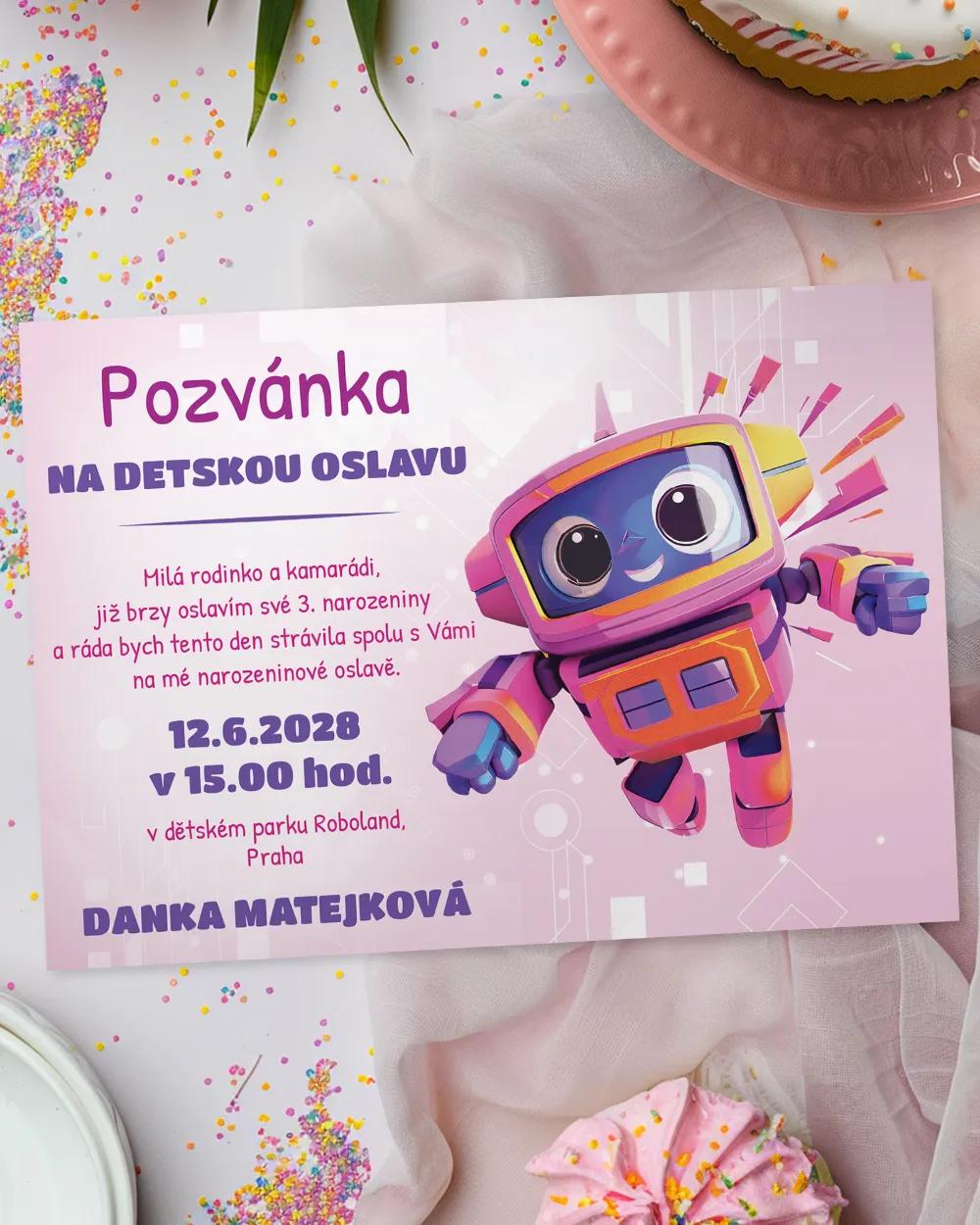 Pozvánka na dětskou oslavu – Robot I. růžová