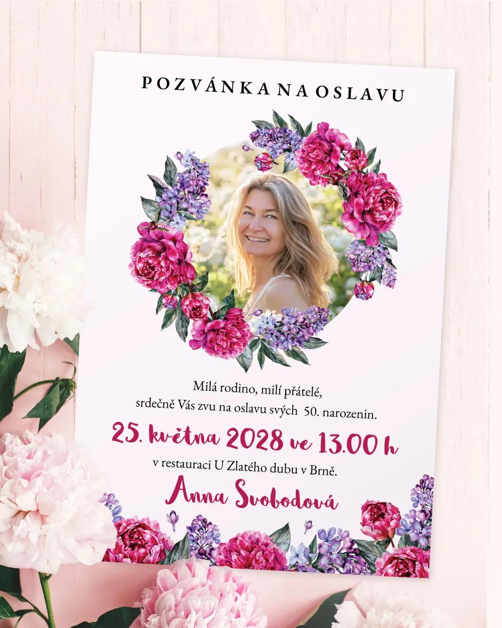 Pozvánka na narozeniny s fotkou Pivoňky s šeříkem