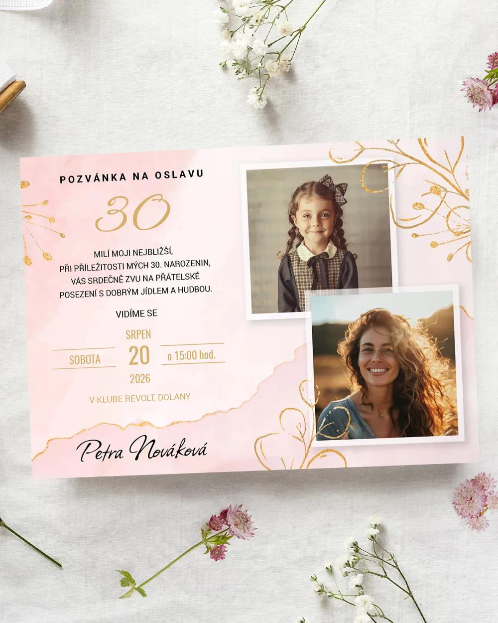 Pozvánka na narozeniny s fotkou Mramor s květinami 02