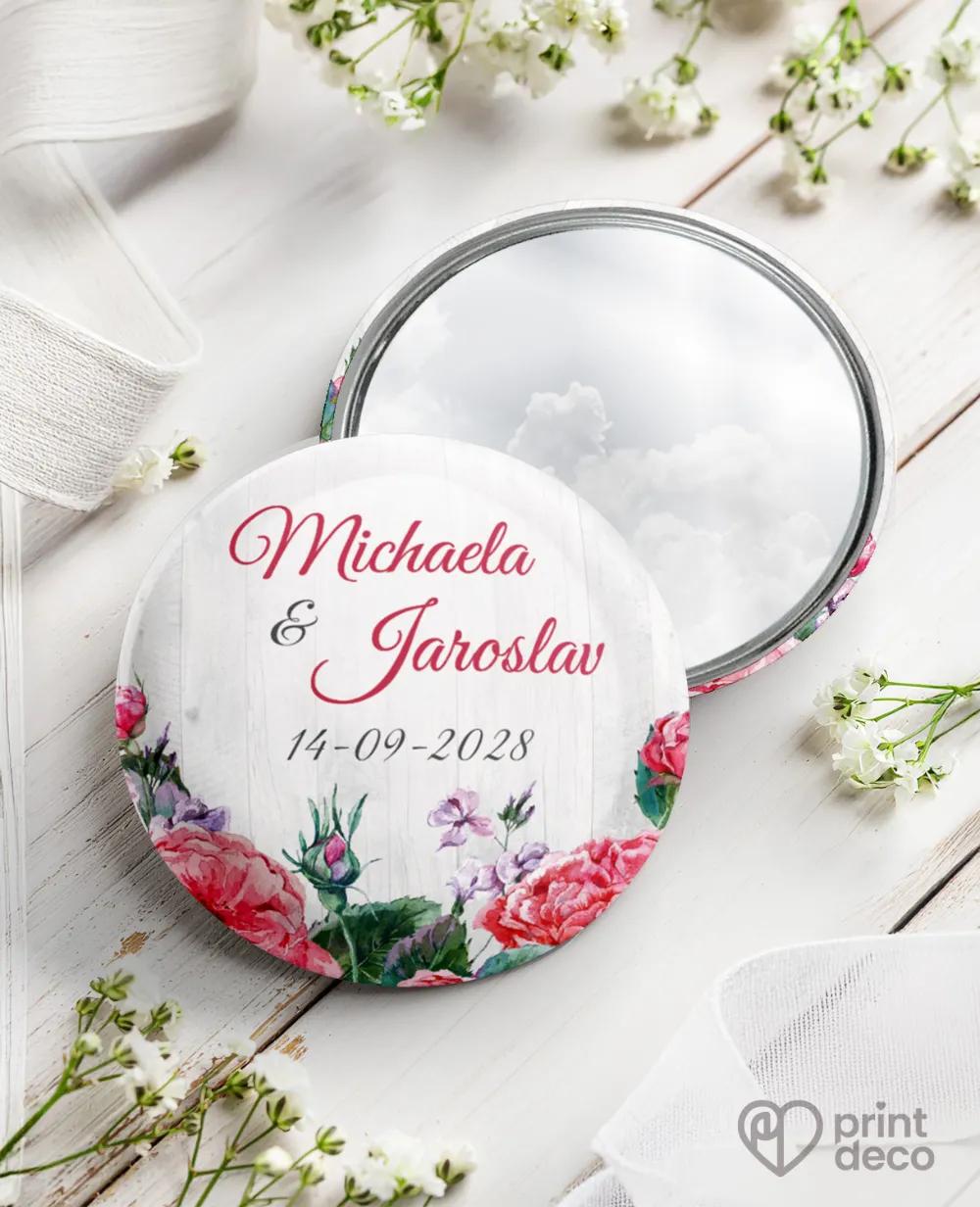 Kovová svatební zrcátka s růžemi a vintage prvky