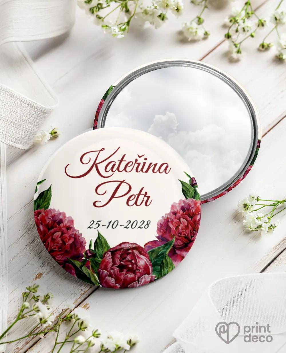 Kovová svatební zrcátka s pestrými pivoňkami