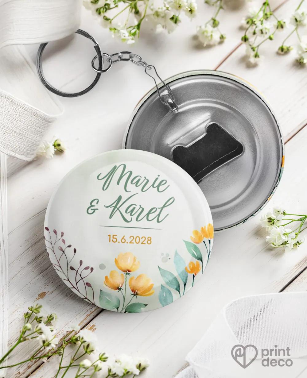 Svatební klíčenky s otvírákem – Žluté kvítky