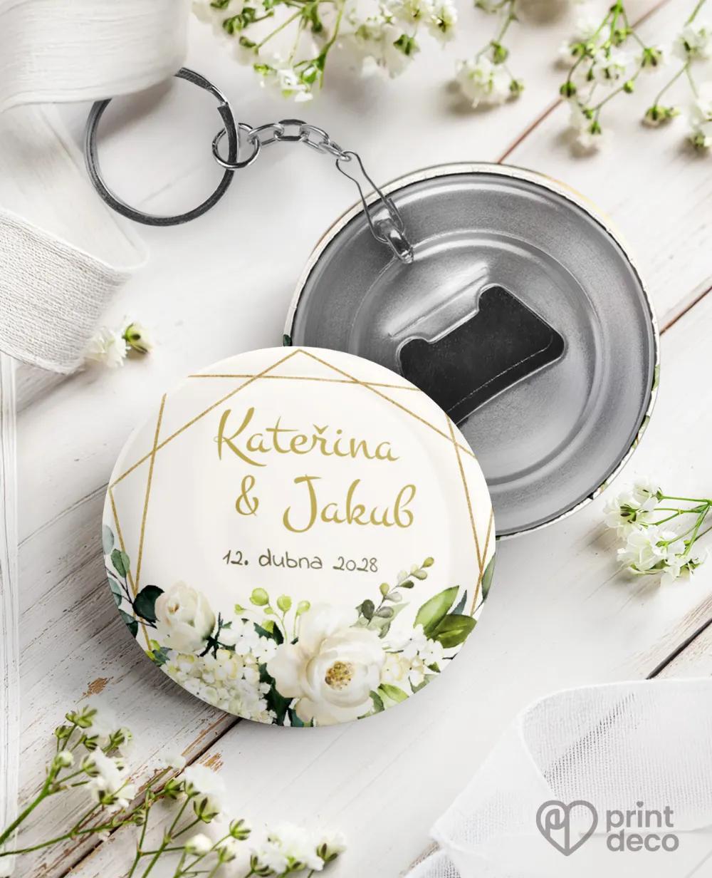 Svatební klíčenky s otvírákem – Bílé růže III.