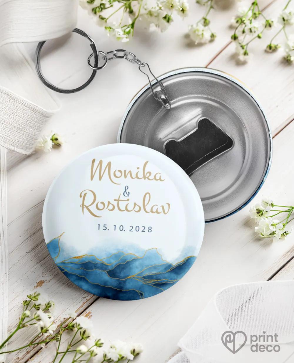 Svatební klíčenky s otvírákem – Abstrakt IV. Modrá