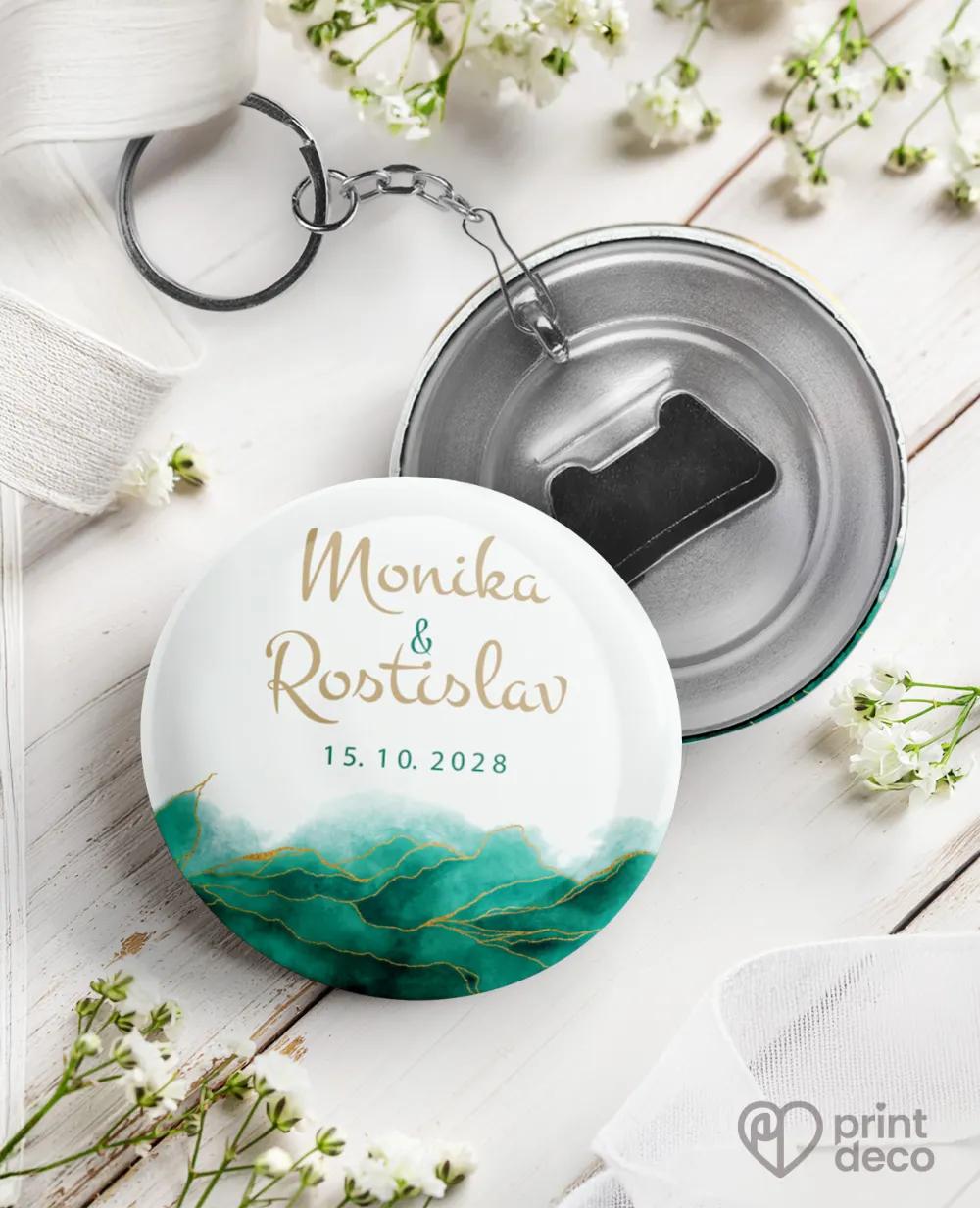 Svatební klíčenky s otvírákem – Abstrakt IV. Smaragdová