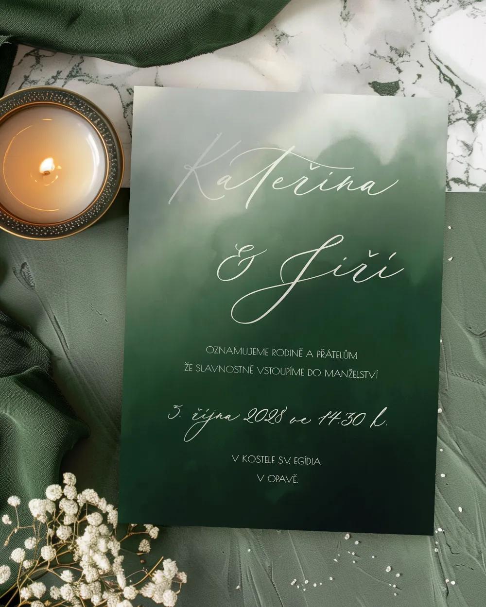 Svatební oznámení - Akvarelová láska (tmavě zelená)