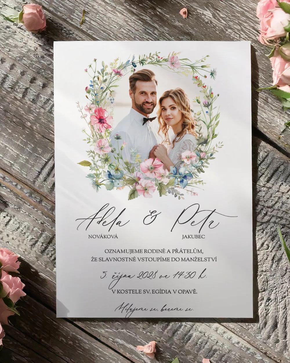 Svatební oznámení s fotkou - Růžový věneček I
