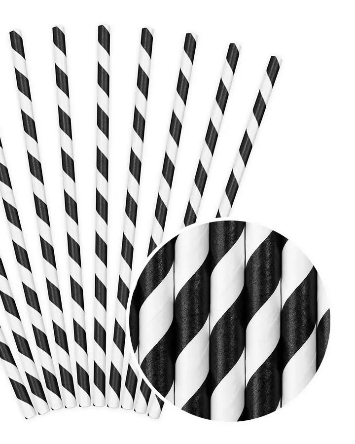 Černé papírové brčka 19,5 cm, 10 ks, pásky