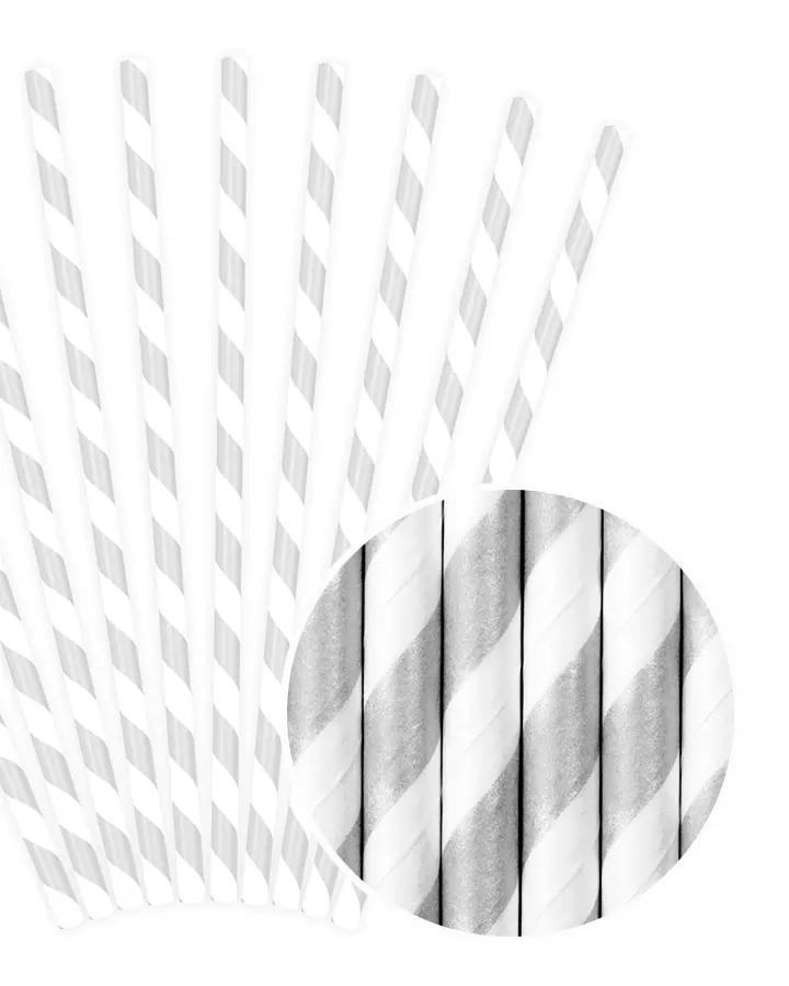 Stříbrné papírové brčka 19,5 cm, 10 ks, pásky