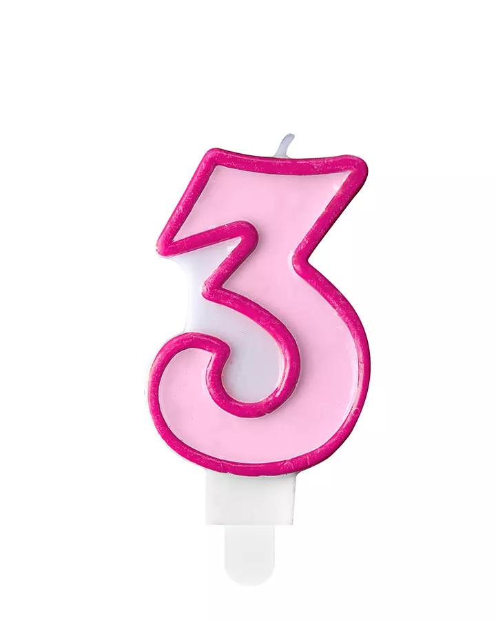 Narozeninová svíčka, číslo 3, růžová, výška 7cm, 1ks