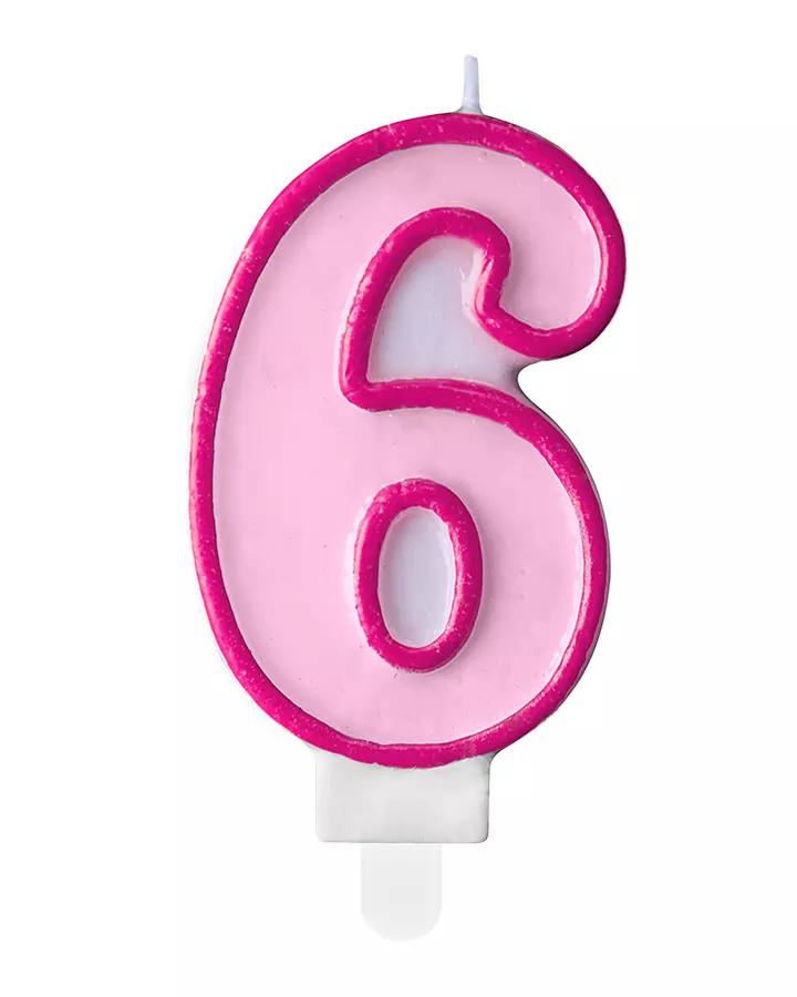 Narozeninová svíčka, číslo 6, růžová, výška 7cm, 1ks