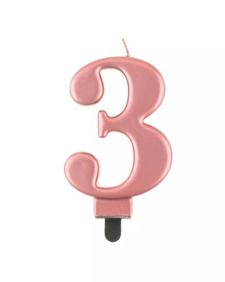 Narozeninová svíčka číslo 3, růžově zlatá, výška 8cm, 1ks