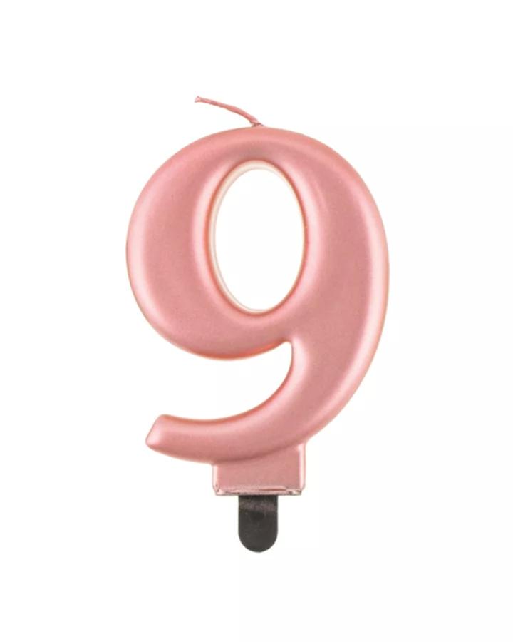 Narozeninová svíčka číslo 9, růžově zlatá, výška 8cm, 1ks