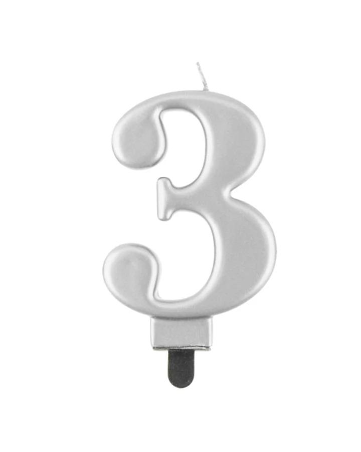 Narozeninová svíčka číslo 3, stříbrná, výška 8cm, 1ks