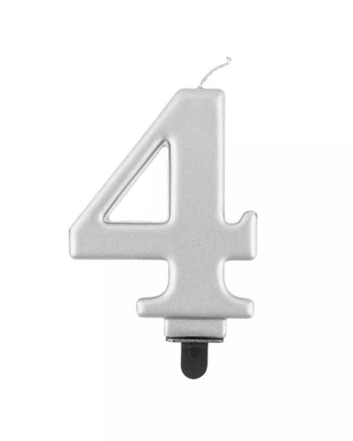 Narozeninová svíčka číslo 4, stříbrná, výška 8cm, 1ks