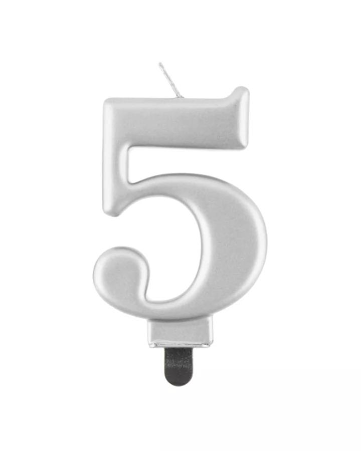 Narozeninová svíčka číslo 5, stříbrná, výška 8cm, 1ks