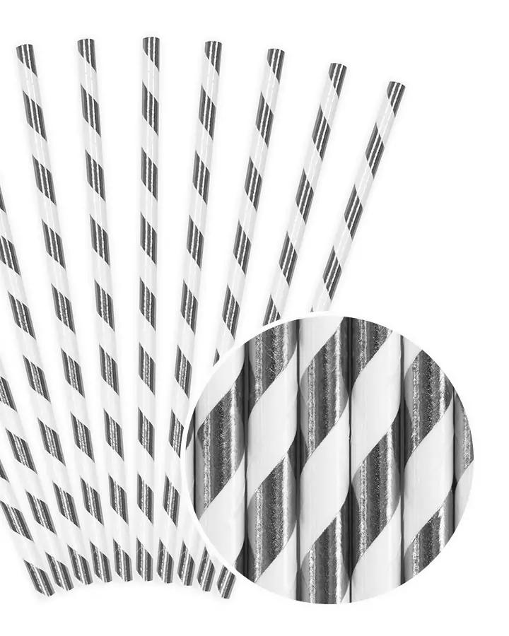 Stříbrné metalické papírové brčka 19,5 cm, 10 ks, pásky