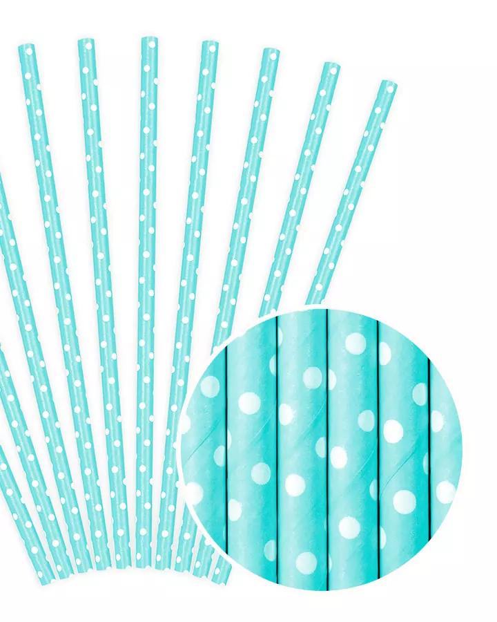 Světle modré papírové brčka 19,5 cm, 10 ks, tečkované
